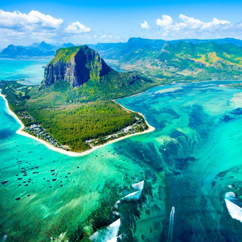 aerial view of the nature reef in a beautiful colorful bay mauritius island 1704032832095437837001